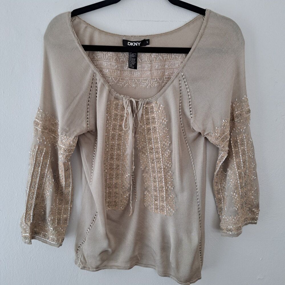 DKNY Silk Embroidered Beaded Y2k 3/4 Blouse Cinch Top Short Sleeve Tan 2000's